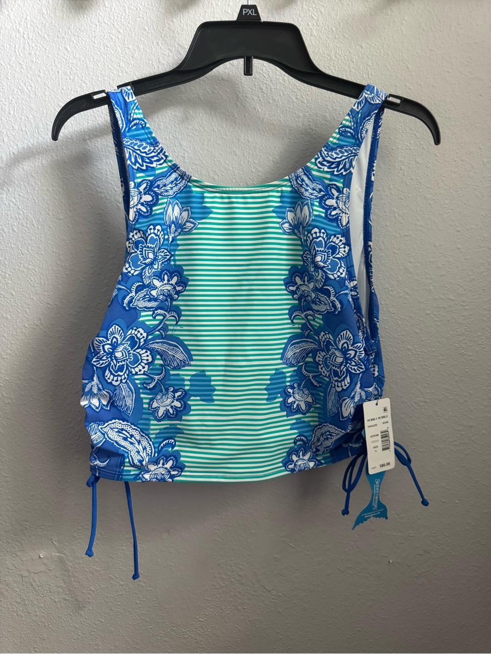 Blue & Mint Floral Stripe Women's Tankini Top XL